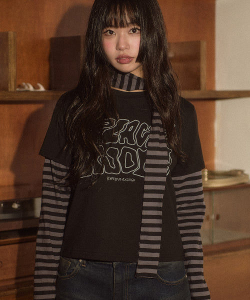 [ZIKU X PLACE] Stripe Double Layered Long Sleeve T-Shirt and Scarf Set [Purple]