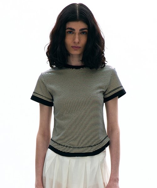 Stripe Double Layered Short Sleeve Tee_Black