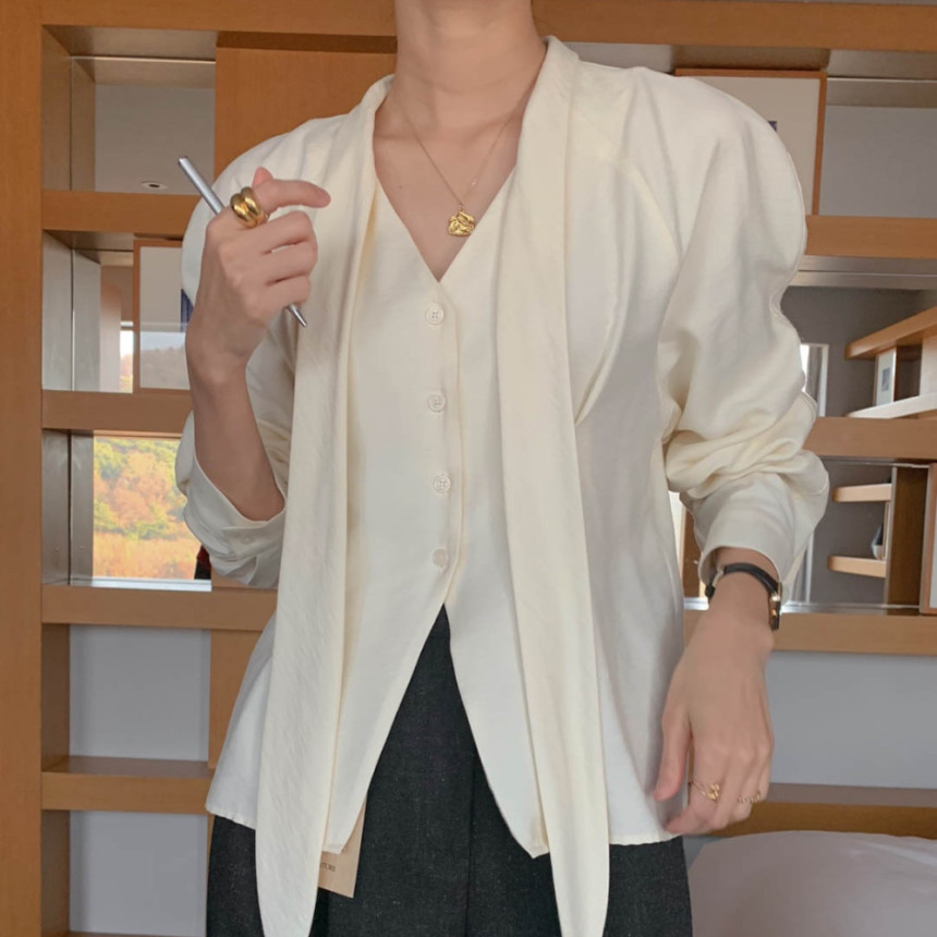 London Plate Signature Hate Blouse Spring Tie Blouse V-Neck White Blouse Shirt Office Look