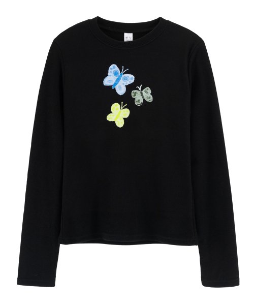 バタフライ水彩ロングスリーブTシャツ_ブラック