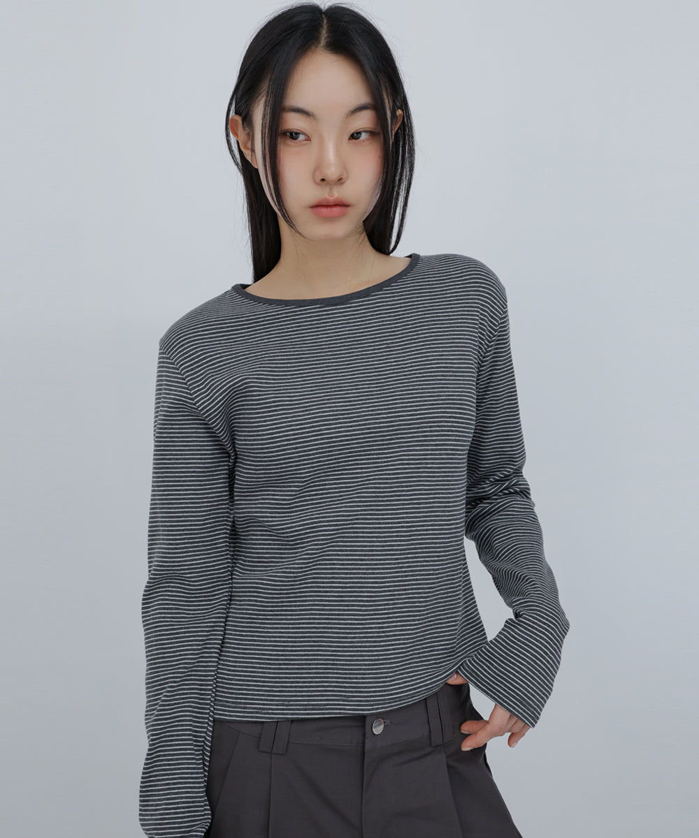 Cheeks Slim Fit Stripe Long Sleeve Charcoal