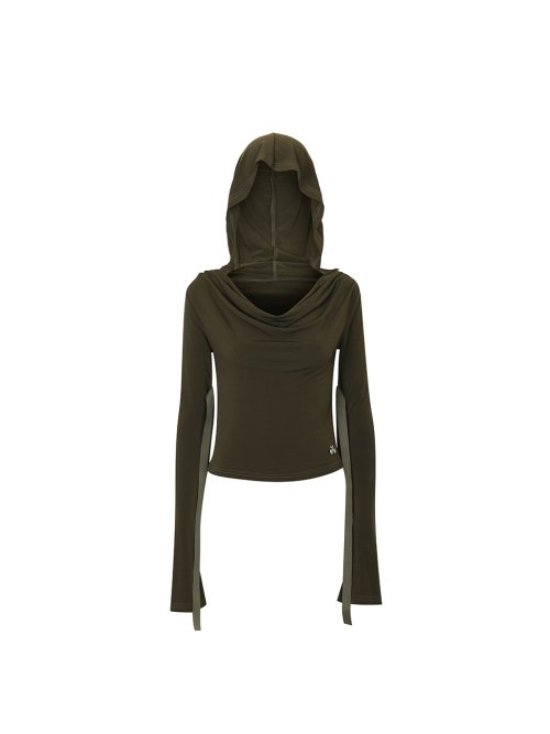 Hoodie Ribbon Drape Top Khaki