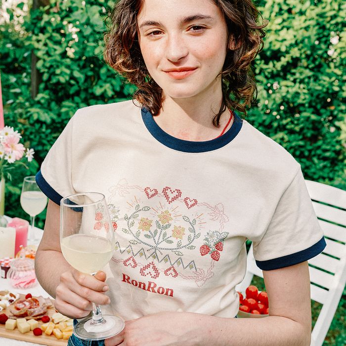 CROSS STITCH RASPBERRY RINGER T SHIRT CREAM DEEP BLUE