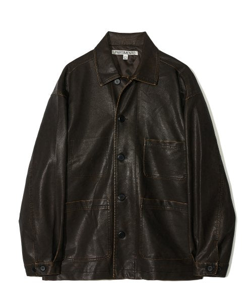 Washed Leather French Work Jacket Brown