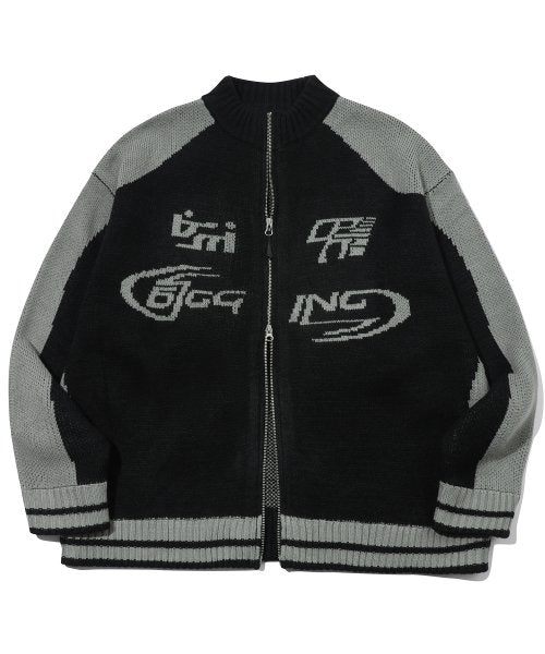 [2-WAY] Curved Block Knit Zip-Up Black