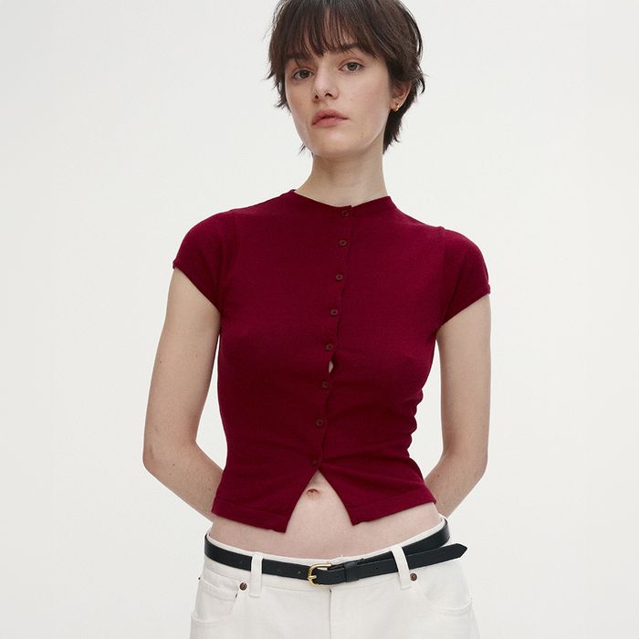 SILK COTTON CAP SLEEVE CARDIGAN_ RED