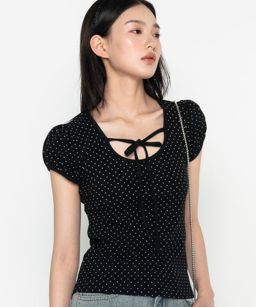 Black Puff Sleeve Dot Ribbon Short Sleeve T-Shirt