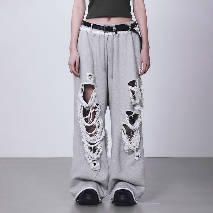 Scratch Damage Wide Sweat Pants [ Melange Gray ]