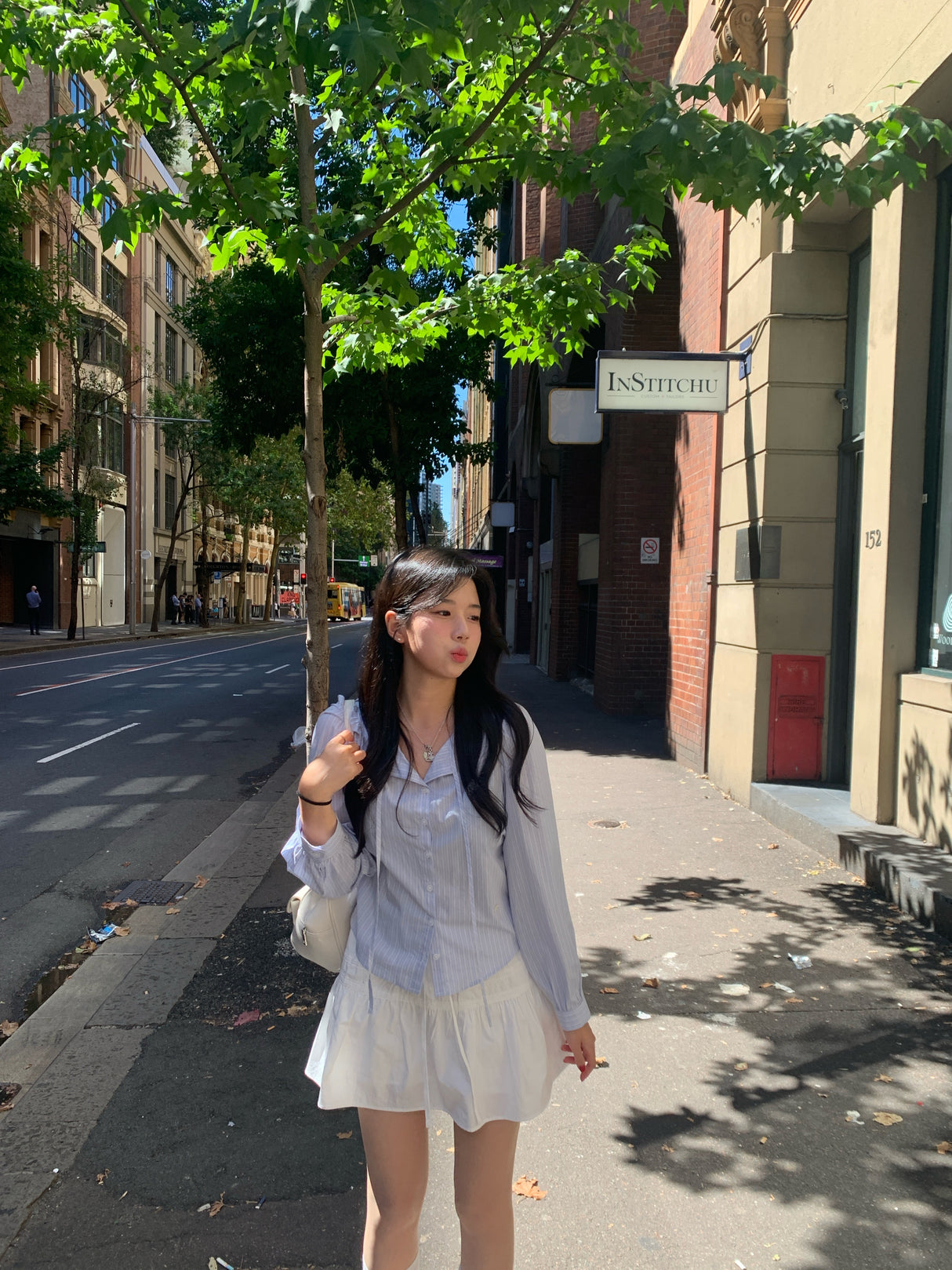 Lu & Mary [🎀MADE/🤍Delivery on the same day] Poet Stripe Tie Shirt Blouse