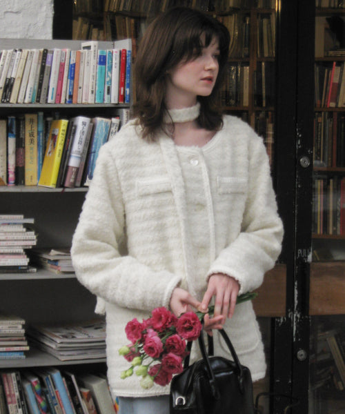 Diana Scarf Tweed Wool Jacket (Ivory)