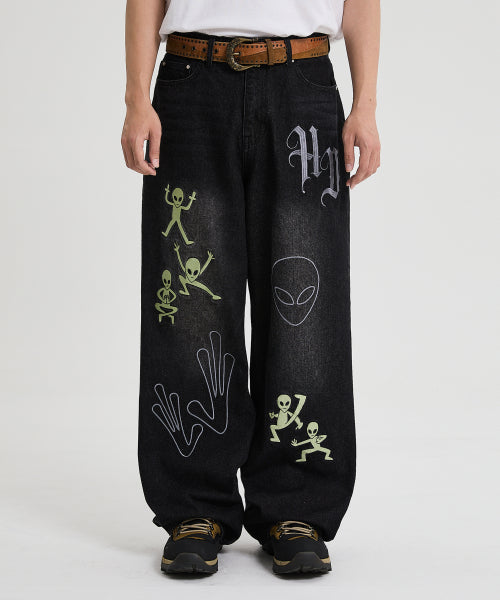 HD Alien Multi Embroidery Denim Pants Black