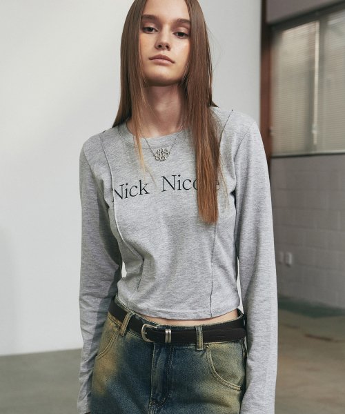 Nicole Pintuck Long Sleeve Crop Top_Gray