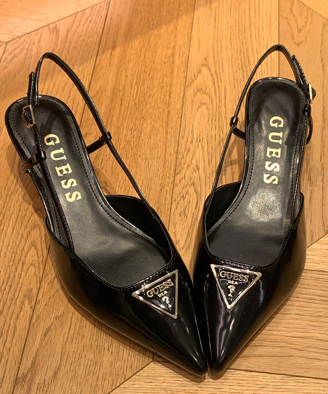 Second Chance [Zigzag Only❤️] Guess Gesson Stiletto Buckle Sling Bag Heels Black (Golden)