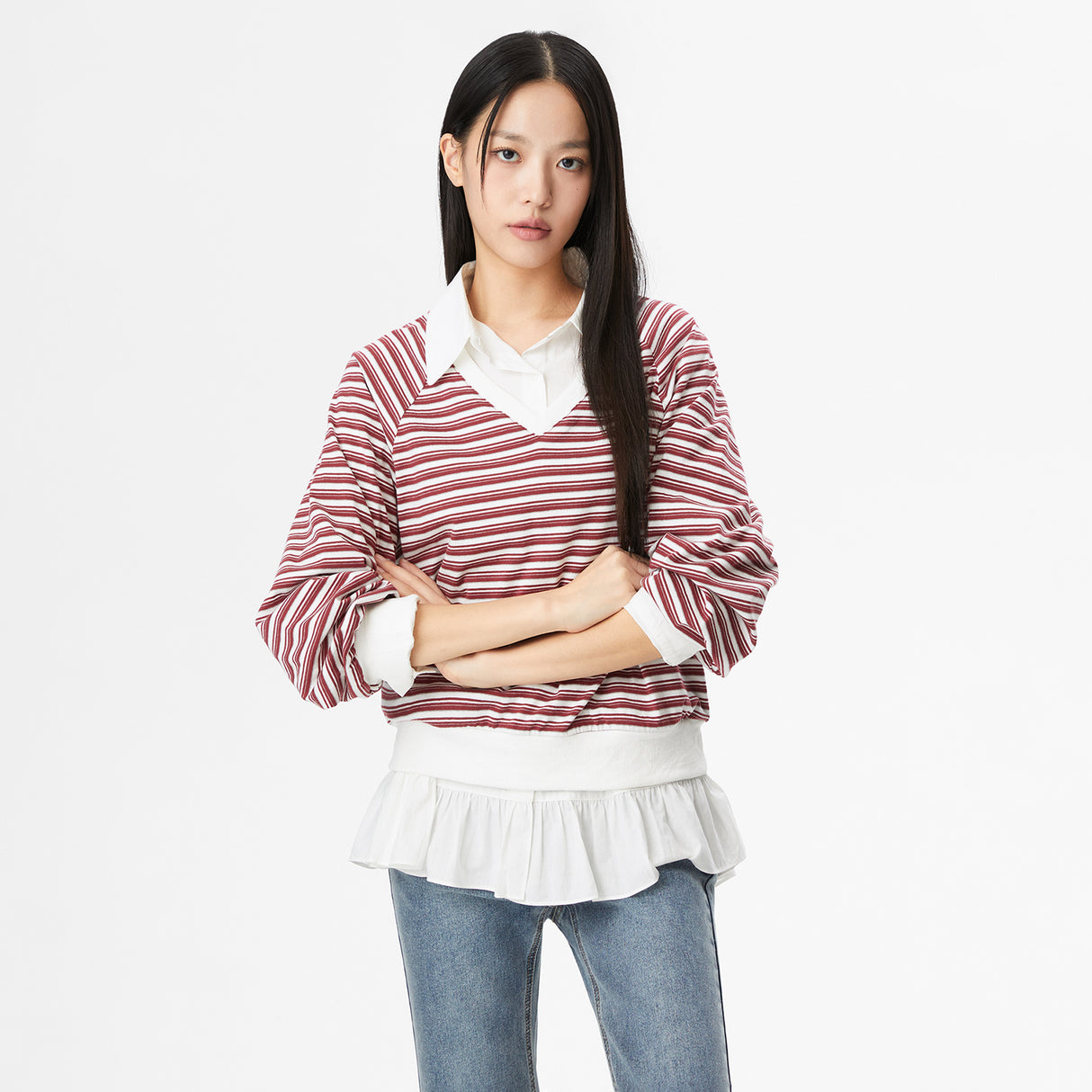 Misso V-neck Stripe Sweat Shirt_MIWLWF419G