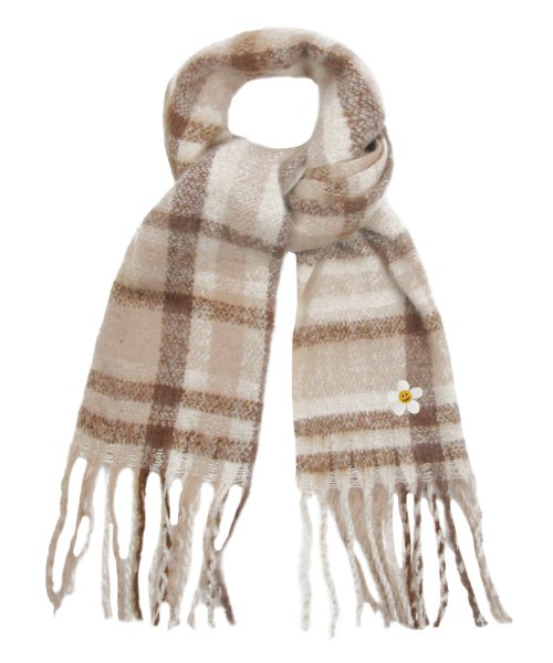 [UNISEX] Flower Dot Embroidery Bold Check Scarf_Beige