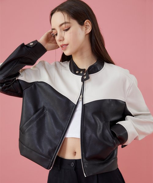 WOMEN Oversized Two-Way Color Block Leather Rider Jacket [Black_White] Leather Jacket ver.