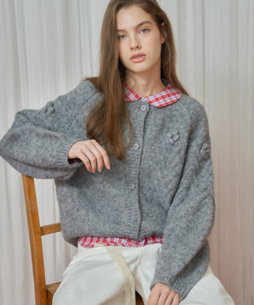 HANDMADE FLOWER CABLE PUFF KNIT CARDIGAN GREY