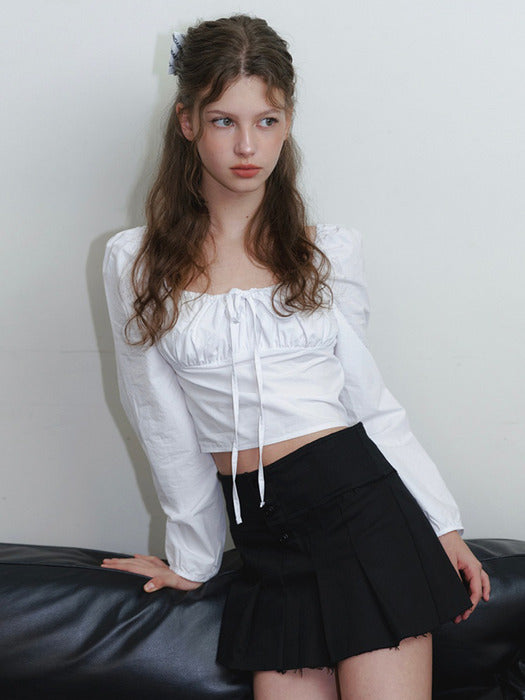 Ribbon point shirring blouse - white