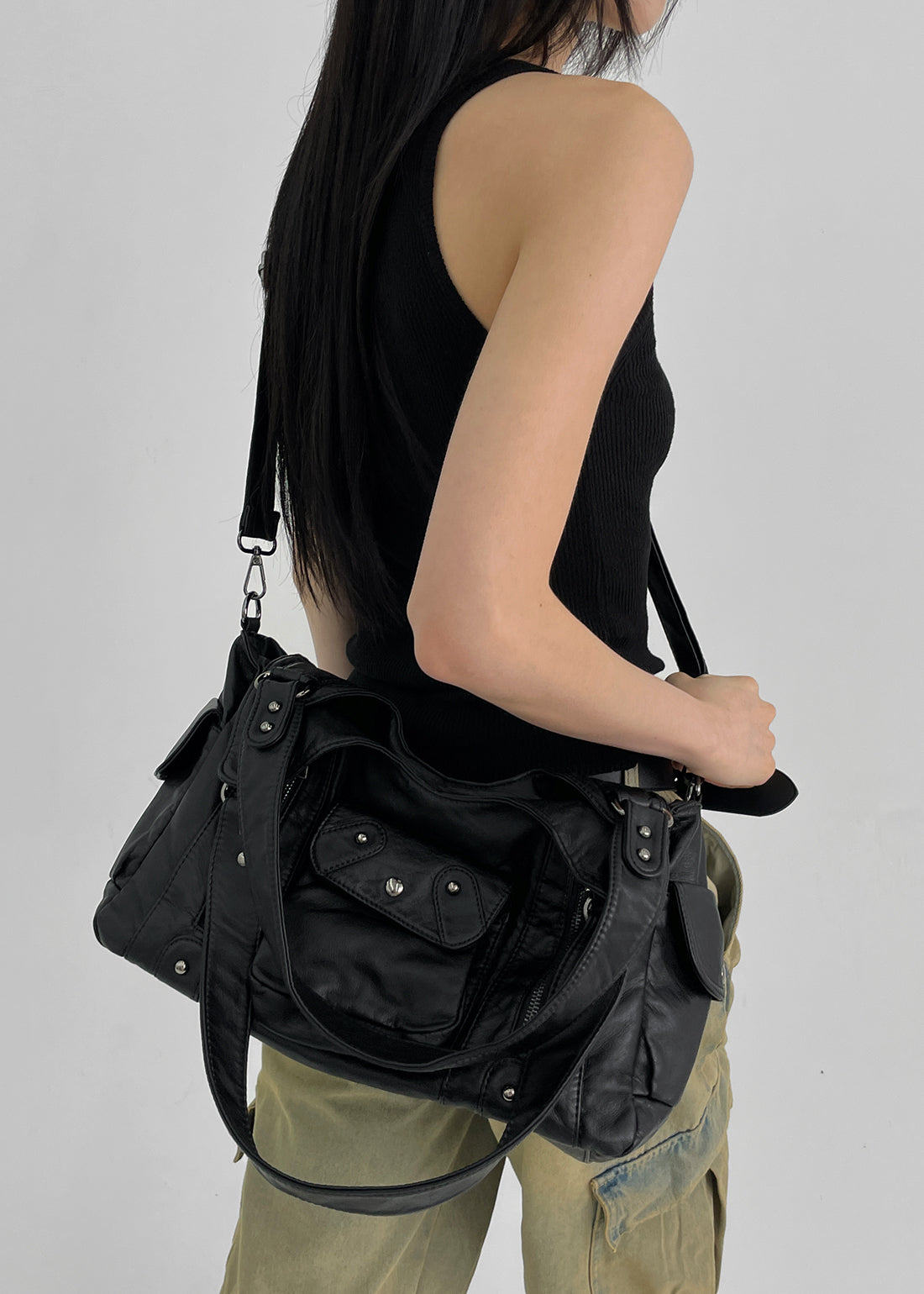 Black Up [Sold 1,000 Units] Punk All Leather Two Way Bag