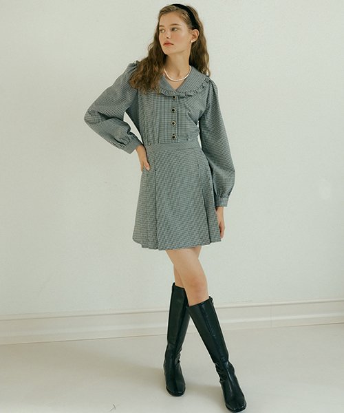 Collar Pleats Dress - Check