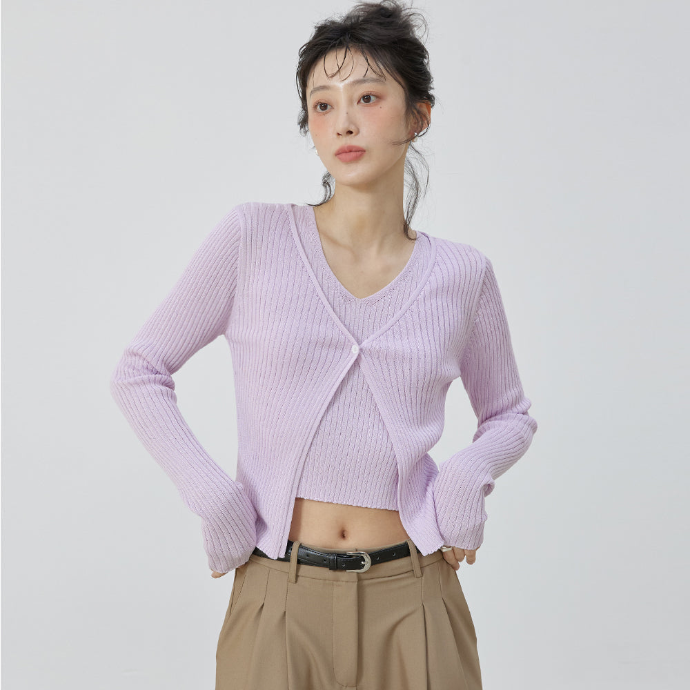 RIBBED SLEEVELESS CARDIGAN SET LAVENDER