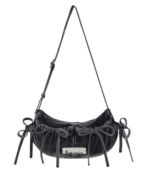 Washed Ribbon Denim Shoulder Bag Black