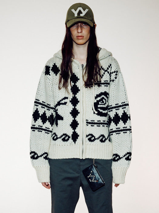 Rose & Deer Jacquard Knit Jacket, Ivory