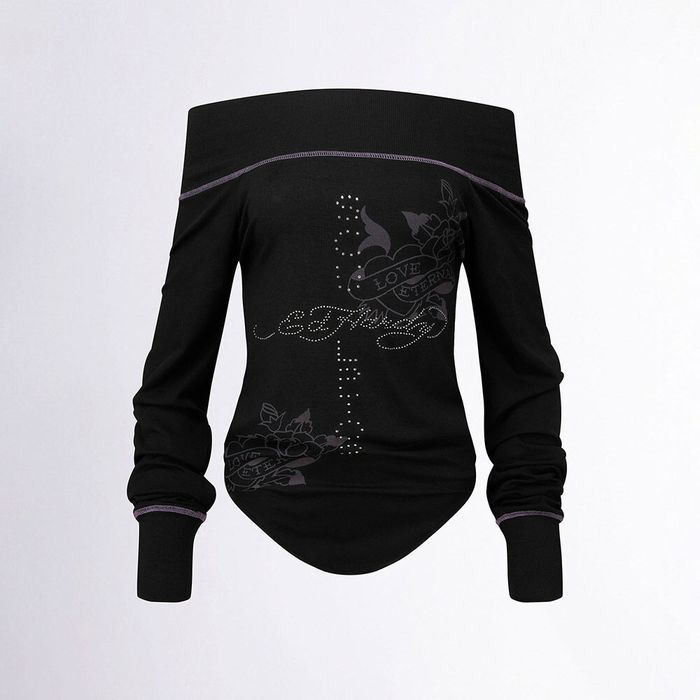 [Sculptor X Ed Hardy] Raglan Off-Shoulder Tee Black