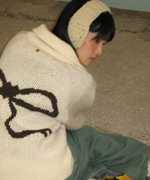 BACK HEART RIBBON COWICHAN KNIT ZIP UP IVORY BROWN