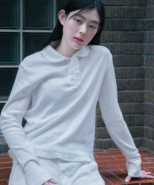 丸襟フリルロングTシャツ（ホワイト）