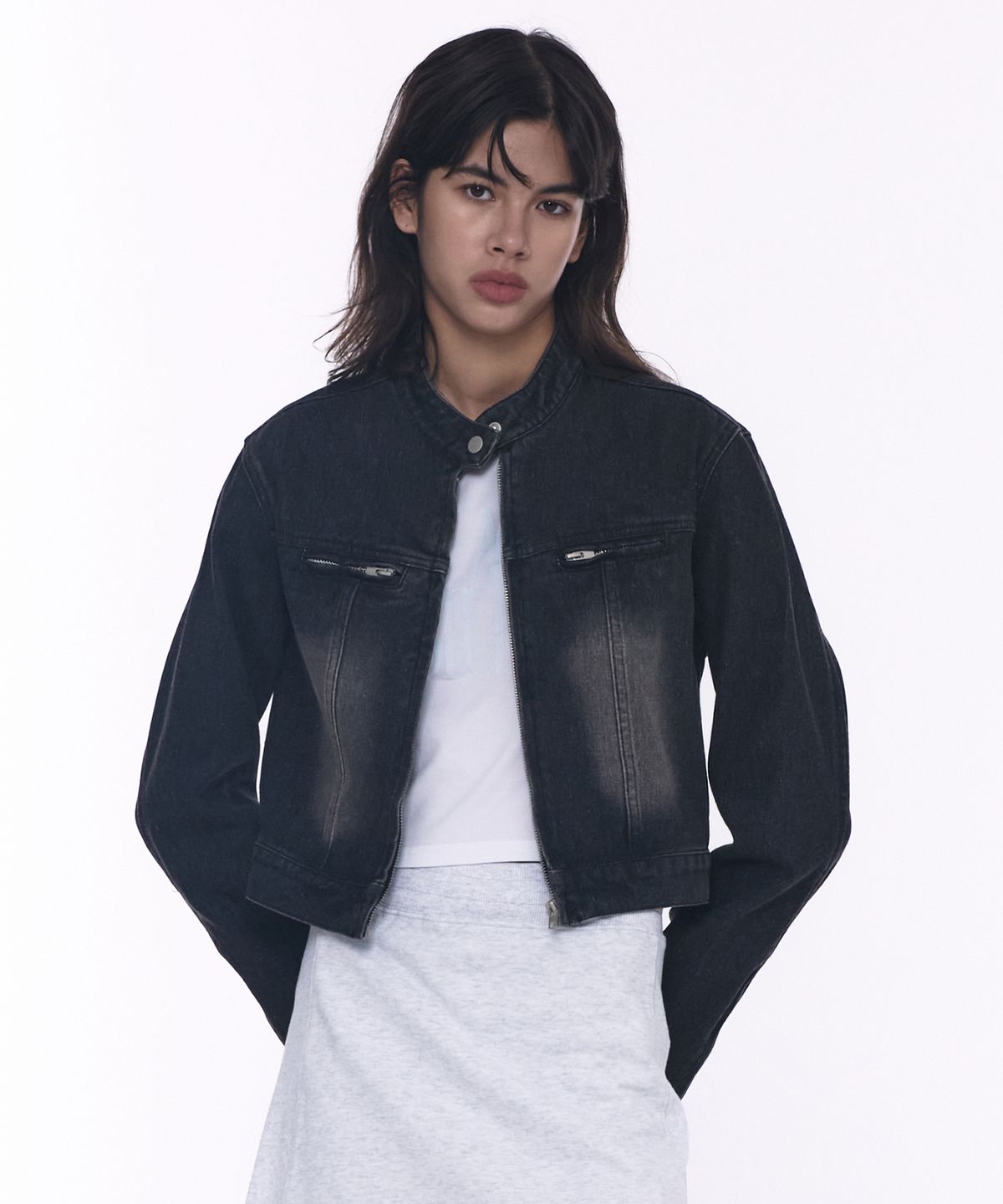 Sand Washing Denim Vintage Biker Crop Jacket Jumper [Black]