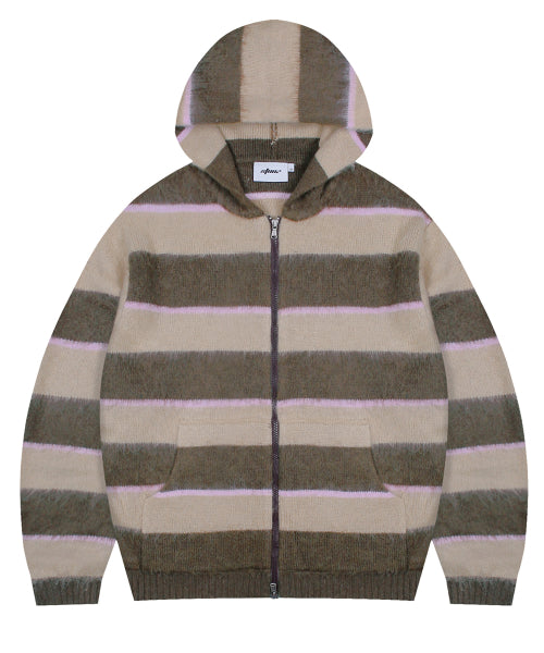 XTK108 Triste Stripe Mohair Knit Hooded Zip-Up (BROWN)