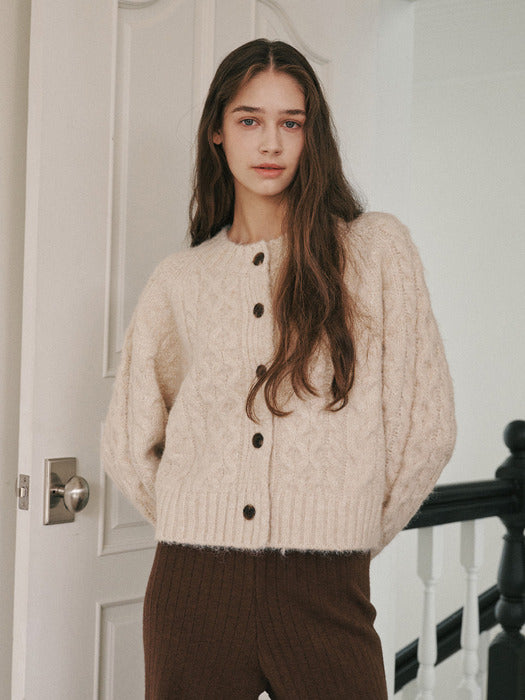 beige round wool cable cardigan