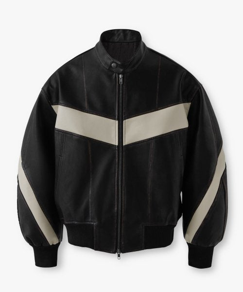 Buff Wash Buffing Leather Incision Biker Jacket_Washing Black&Ivory