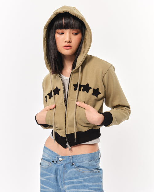 Woman Essential Dirty Washed Two-Way Crop Hoodie Zip-Up