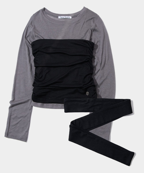 マフラーセット シャーリング ラウンドネック ストレッチ コントラストトップ ロングスリーブ Tシャツ [ブラック]