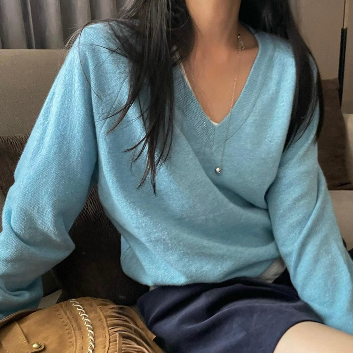 London Plate [Aqua Blue Same Day] Women Fall Winter Loose Fit Knitwear Red Ivory V-Neck Oversized Fit Knitwear Purple Wool Pink Knitwear T-shirt