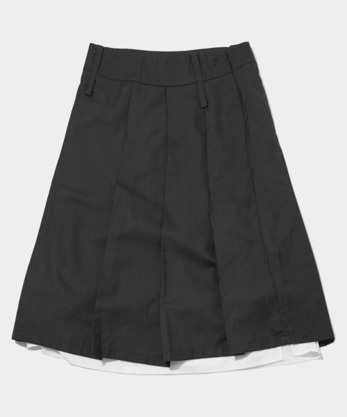 Two-belt Low-Rise Detachable Pleated Double Layered Midi Skirt [Charcoal]