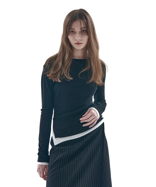 Asymmetrical Shirring Double Layered Long Sleeve T-Shirt [Black]