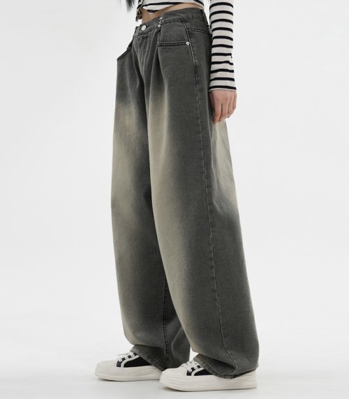 BUCKLE WIDE DENIM PANTS WASHED GREY