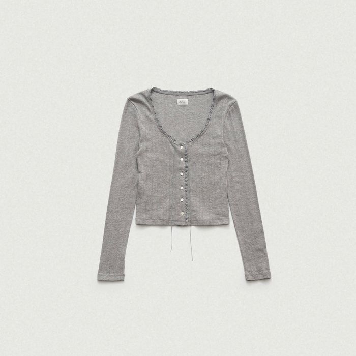 Ravioli Lace-Trim Button-Up Top (Grey)