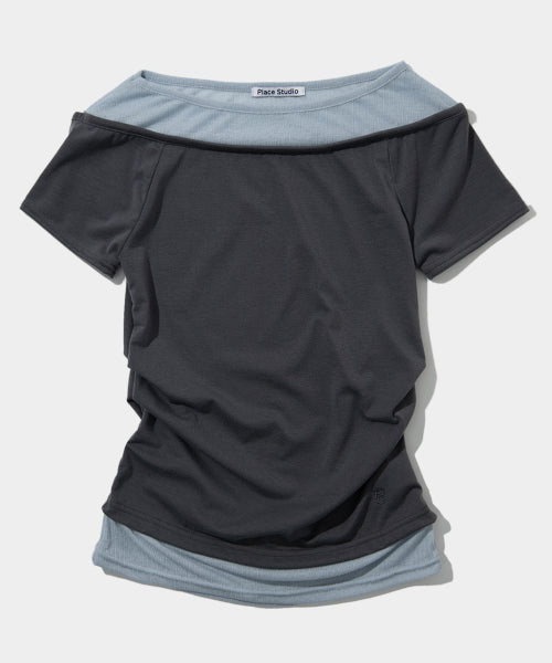 シースルーダブルピンタックスリムフィット半袖Tシャツ[グレー]