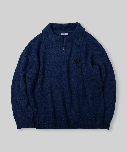Washable Half Heart Logo Embroidered Half-Zip Oversized Knit [Blue]
