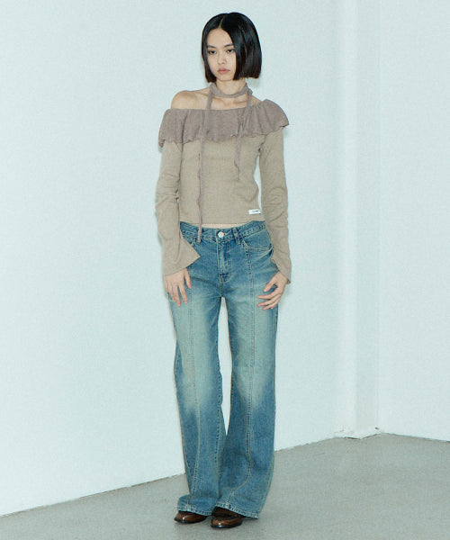 C FRILL OFF SHOULDER LONG SLEEVE T-SHIRT_BEIGE