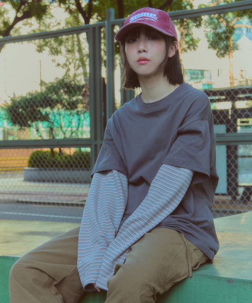 [Lara Jean X SOME] Layered Oversized Striped Sweatshirt Long Sleeve T-shirt [Brown]