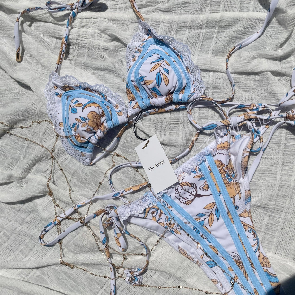 Deavja Pure Paisley Flower Lace Strap Sky Blue Bikini