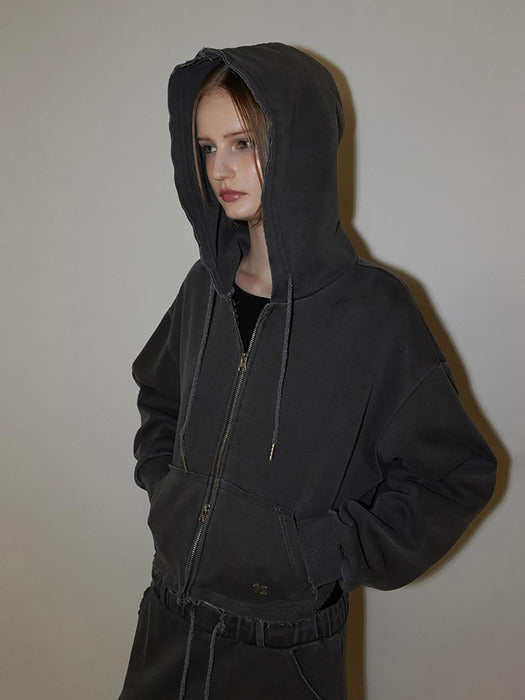 Cut Off Washed Crop Hoodie Zip-up Charcoal