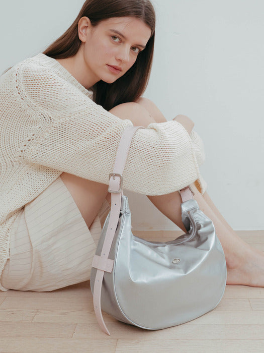 Classic Button Half Moon Nylon Bag_Silver