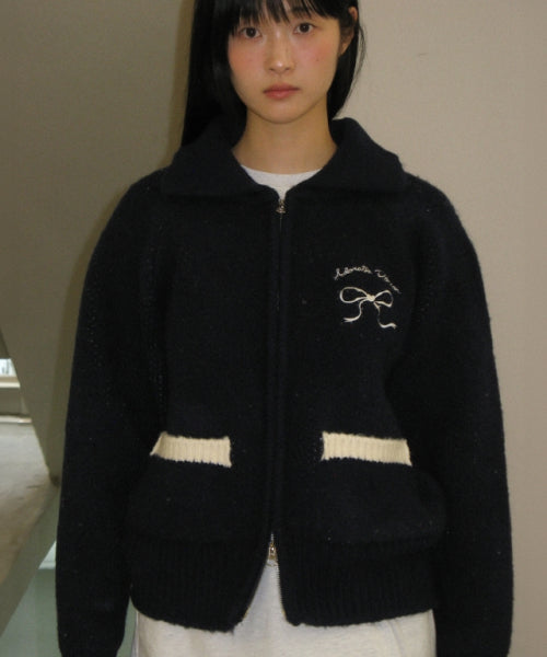 BACK HEART RIBBON COWICHAN KNIT ZIP UP BLACK