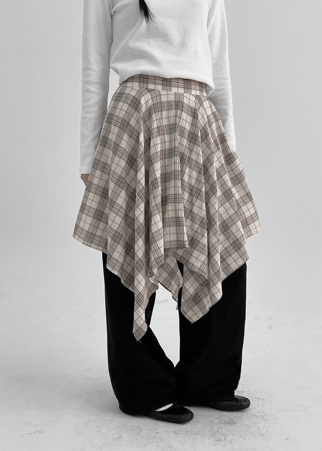 Black-Up [✨New Spring] Tirma Checkered Unbalanced Midi Skirt